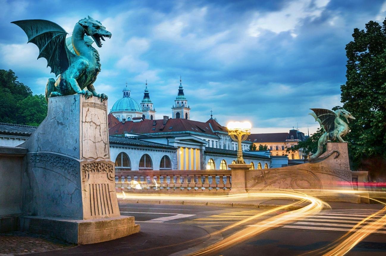 Dragon Bridge and dragon statue in Ljubljana historic centre, Slovenia