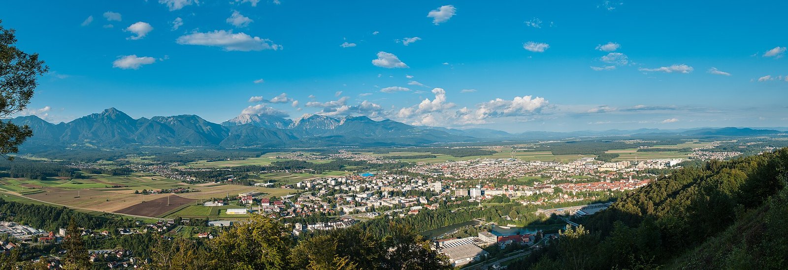 Kranj 4 Aerial view of Kranj old town, Kokra canyon and the Slovenian Alps