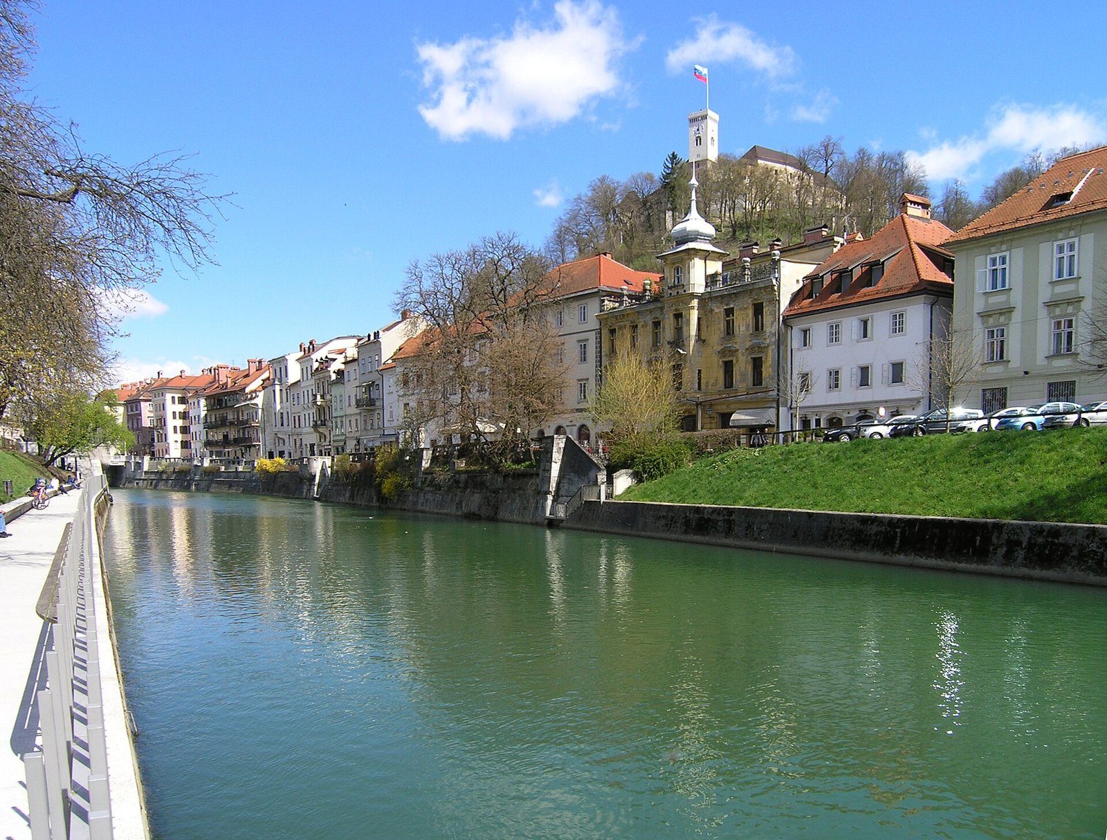 Ljubljanica River and Gallus waterfront with Ljubljana Castle in the background