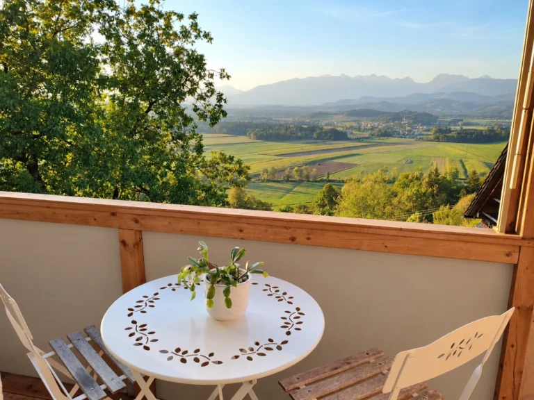 Butterfly Place 2 Balcony table and chairs overlooking the Kamnik-Savinja Alps at Butterfly Place